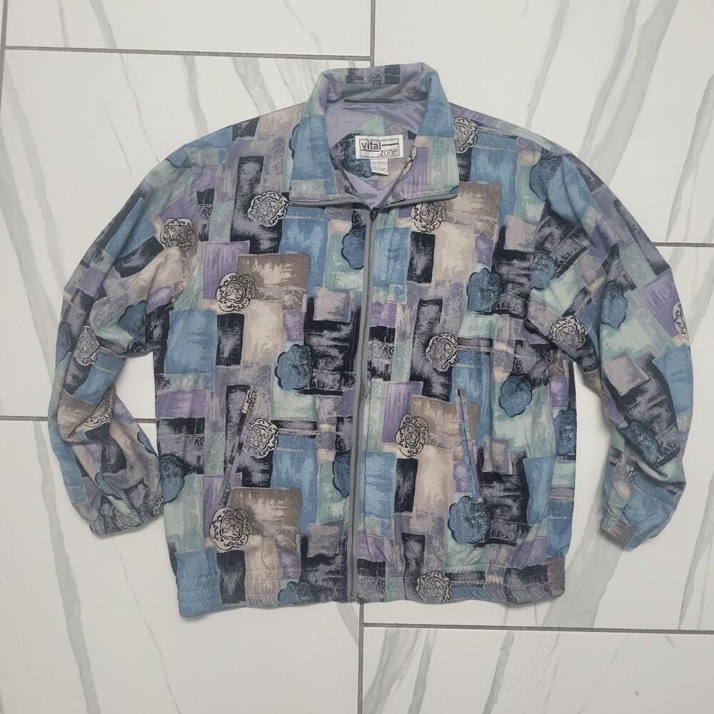 Vintage 90s Silk Abstract Windbreaker Jacket Pastel Blue Purple